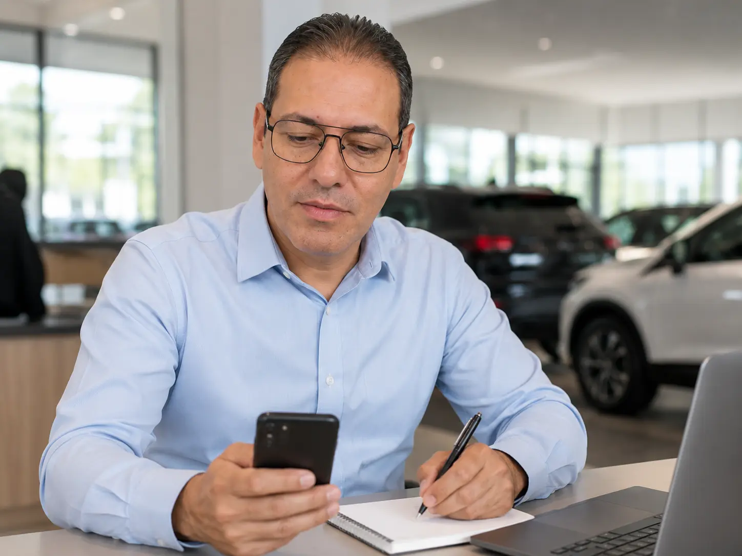 Robinson Abbade sentado no showroom, acompanhando oportunidade no celular com caderno de anotações