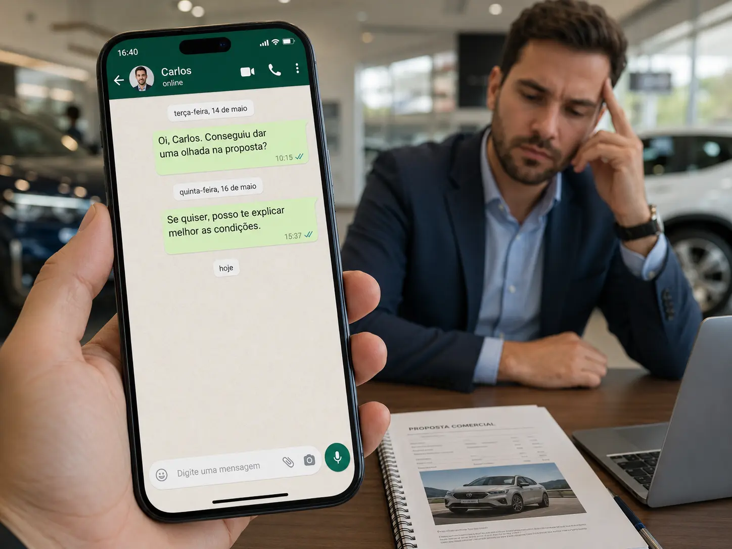 Vendedor segura celular com conversa de WhatsApp sem resposta do cliente; sobre a mesa, proposta comercial impressa